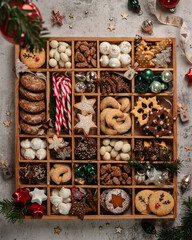 Christmas Cookies box with a lot of cookies, candies and christmas balls on white background