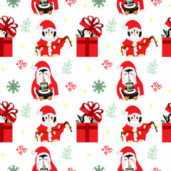 Christmas tree vector seamless pattern xmas gift design. Cute penguin. Vector illustration for your web design.