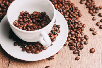 a cup of coffee Hot drink spilled grains photograph of the object