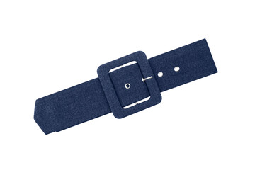 Blue denim belt with square buckle isolated on white background.