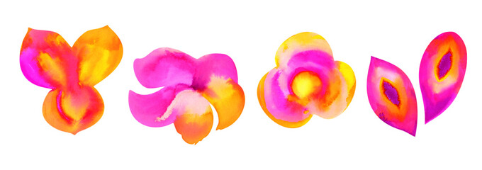 Watercolor neon floral set isolated on white, hand drawn flower illustration. 