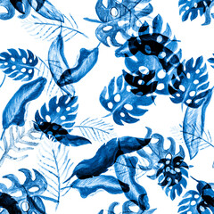 Cobalt Seamless Backdrop. Blue Pattern Textile. Indigo Watercolor Background. Azure Tropical Textile. Beryl Floral Leaves. Navy Summer Set. Botanical Decor.