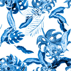 Indigo Seamless Set. Beryl Pattern Decor. Azure Watercolor Palm. Cobalt Tropical Leaves. Blue Floral Garden. Navy Summer Palm. Botanical Wallpaper.