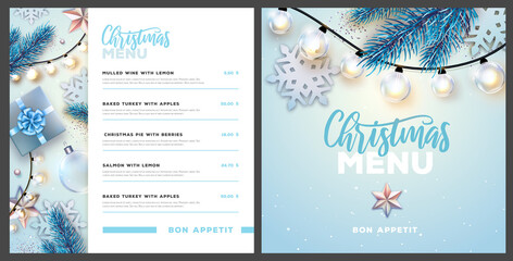 Restaurant Christmas holiday menu design with christmas desoration. Vector illustration - obrazy, fototapety, plakaty