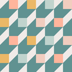 Contemporary geometric seamless mid-century pattern with simple retro shapes, Squares and triangles. Abstract vector background of natural tones. Simple Modern trendy graphic bauhaus design.