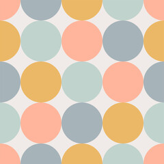 Contemporary geometric seamless mid-century pattern with circles in pastel retro palette on a light background. Abstract vector background in scandinavian style. Trendy graphic bauhaus design.