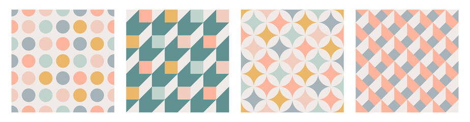 Set of retro geometric seamless patterns with circles, squares, triangles and stars in natural colors in Bauhaus style. Abstract Simple Contemporary Trendy Mid Century Backgrounds.