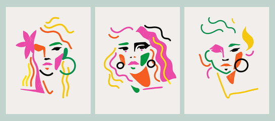 Obraz premium Abstract hand drawn modern trendy female faces in vibrant color palette. Set of stylish minimalistic contemporary graphic prints with abstract women.