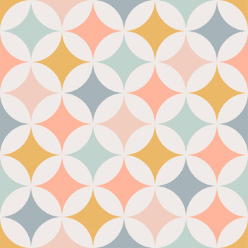 Contemporary geometric seamless mid-century pattern with simple retro shapes, stars and circles. Abstract vector background of natural tones on a light background in scandinavian style for kids.