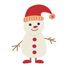 Cartoon snowman in a red cap, with buttons and shoes. Winter element design