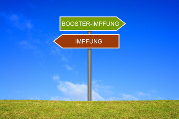 Schild Wegweiser zeigt Coronaimpfung und Booster-Impfung