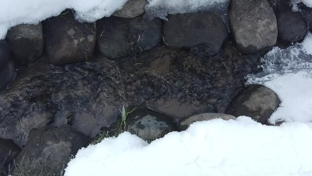 Steadicam pan shot of spring water flowing on the sand and rocks with snow, ice and some dry grass around