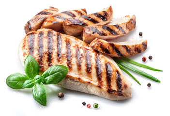 Grilled chicken fillet with herbs isolated on white background.