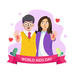 Conceptual Design World AIDS day. A couple celebrating World AIDS Day Awareness with Red Ribbon. Flat vector template style Suitable for Web Landing Pages.