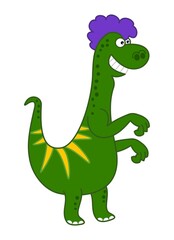 Green lizard dinosaur with purple hair on profile with smile 