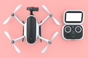 Photo and video drone or quad copter with action camera and remote on pink