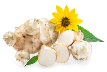 Jerusalem artichoke roots with leaves and flower of Jerusalem artichoke isolated on white...