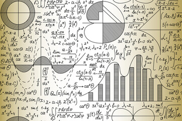 Mathematical manunuscripts and technical drawings on the old paper, scientific vector seamless pattern	