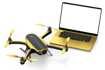 Top view of workspace and photography gear like laptop and drone on white