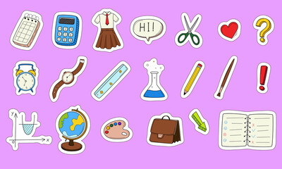 School stickers with a white outline. Printable scrapbooking sticker set. Collection of school stationery items in doodle style. Hand colored elements