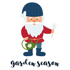 A little gnome with a beard and a blue checkered hat holds a daisy and a watering can. A postcard with small dwarf and the words Garden season. Cute cartoon character on a white background.