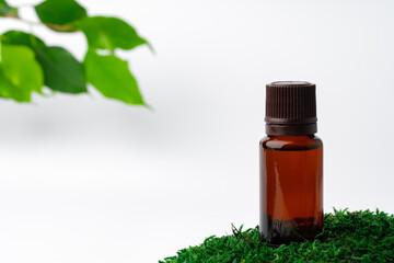 Cosmetics in a bottle, essential oil on moss