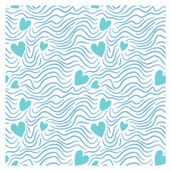 Seamless pattern of scrawl and waves with hearts.