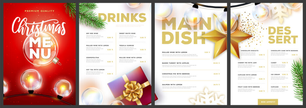 Restaurant Christmas holiday menu design with christmas desoration. Vector illustration