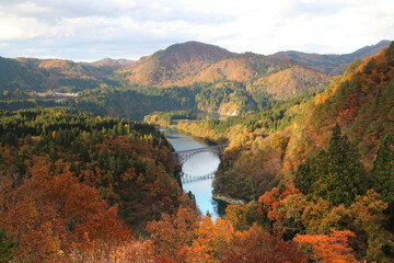 Naklejka premium 秋の只見線・第1橋梁（福島県・三島町）
