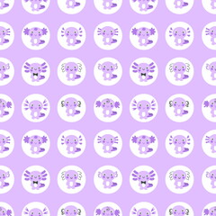 Cartoon style seamless pattern with axolotls in round shapes. Perfect for T-shirt, textile and prints. Hand drawn illustration for decor and design.