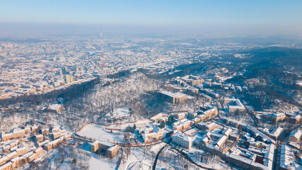 aerial view of lviv city center at snowed winter sunny day