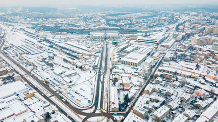 aerial view of lviv winter railway station