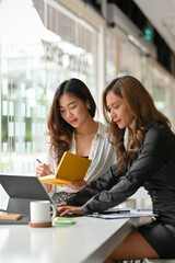 Two confident businesswomen working together