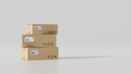 Cardboard boxes with fragile signs and copy space in white background