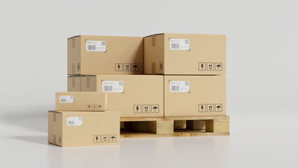 Parcel cardboard boxes on wooden pallets in white background.