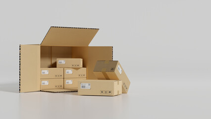 Cardboard boxes, delivery parcel boxes, brown carton packaging  on white background.