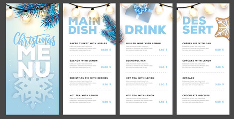 Restaurant Christmas holiday menu design with christmas desoration. Vector illustration