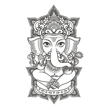 The god of Indian mythology Ganesh Beautiful idols of Lord Ganesha elephant headed Hindu God Beautiful idols of Lord Ganesha Beautiful hand drawn tribal style elephant