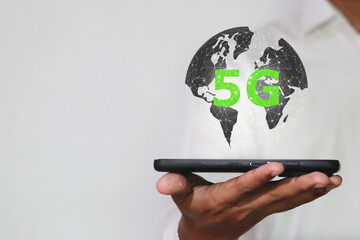 Global network concept. Global network connection 5G on hand man. Global network connection 5G concept.