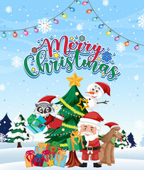 Merry Christmas poster banner with Santa and animal friends