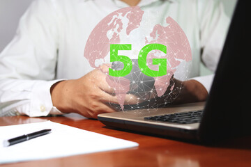 Global network concept. Global network connection 5G on hand man. Global network connection 5G concept.