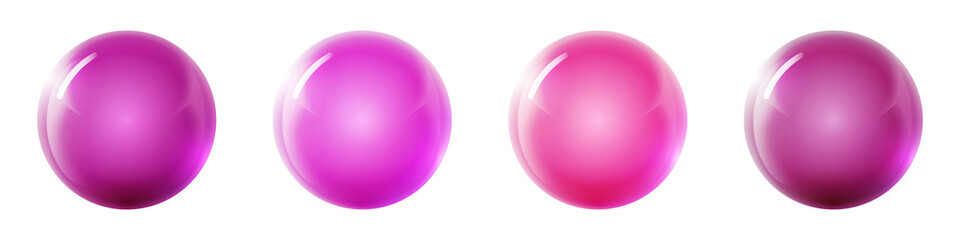 Set with glass pink balls. Glossy realistic ball, 3D abstract vector illustration highlighted on a white background. Big metal bubble with shadow