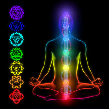 3d illustration of the human chakra and energy systems.