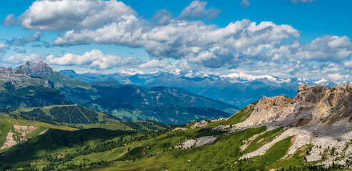Peitlerkofel and Zillertal Alps from Monte Sief summir in Dolomites mountains in Italy