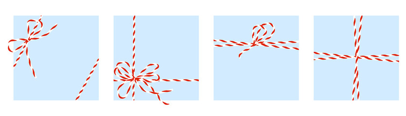 Red-white twine rope with a bow. Set decorative celebration Christmas lace for gifts, cards, letters. Vector isolated.
