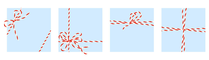 Fototapeta premium Red-white twine rope with a bow. Set decorative celebration Christmas lace for gifts, cards, letters. Vector isolated.
