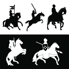 A set of illustrations of knights riding horses