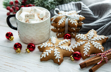 Christmas decorations,  cocoa and gingerbread cookies.