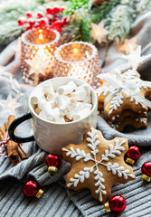 Christmas decorations,  cocoa and gingerbread cookies.