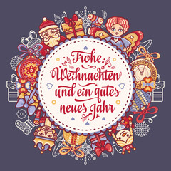 German text Frohe Weihnachten and Neues Jahr. Christmas typography. Christmas in Belgium, Austria, Liechtenstein, Switzerland. Happy Christmas in Deutschland greeting card Weihnachtskarte. Neujahr 